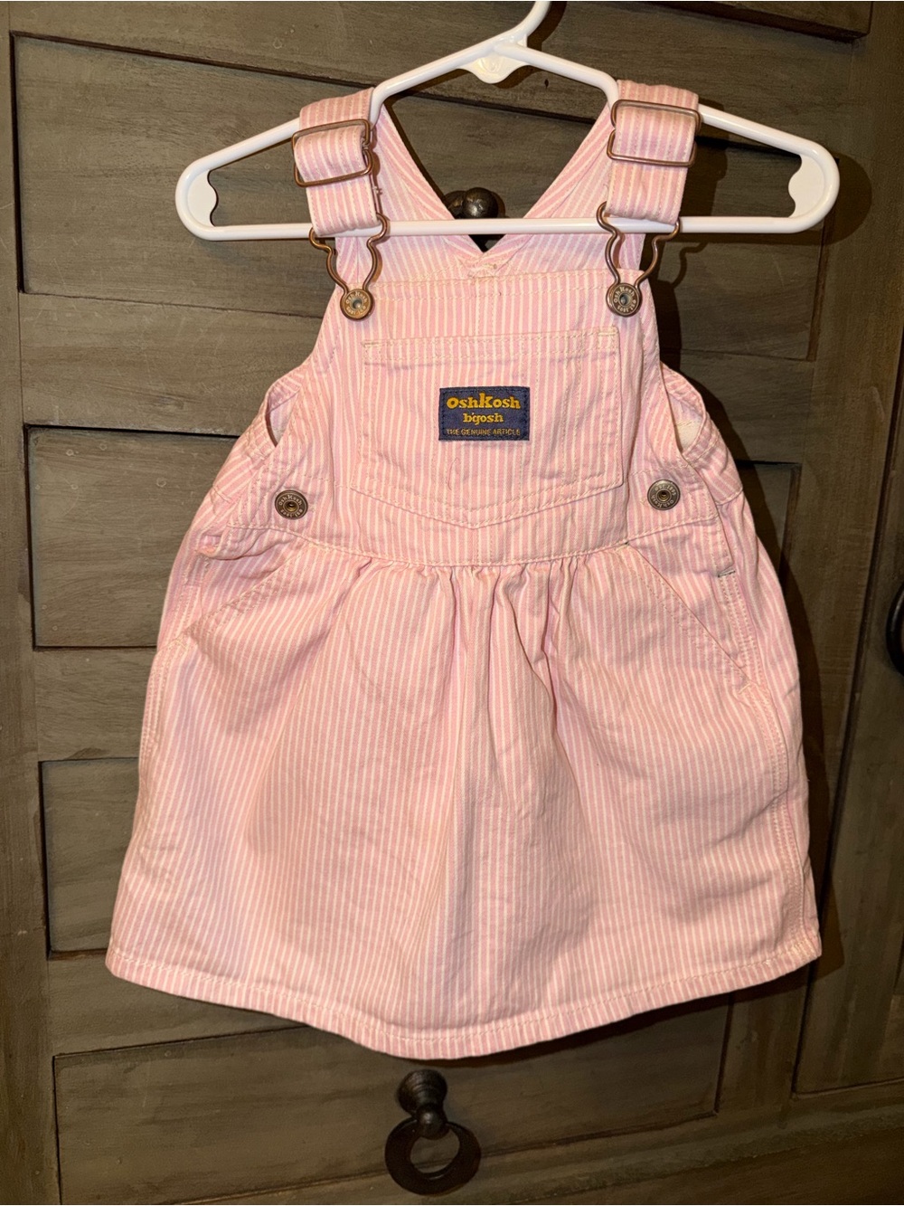 Vintage OshKosh B'gosh Pink Hickory Stripe Denim Overall Dress 18M